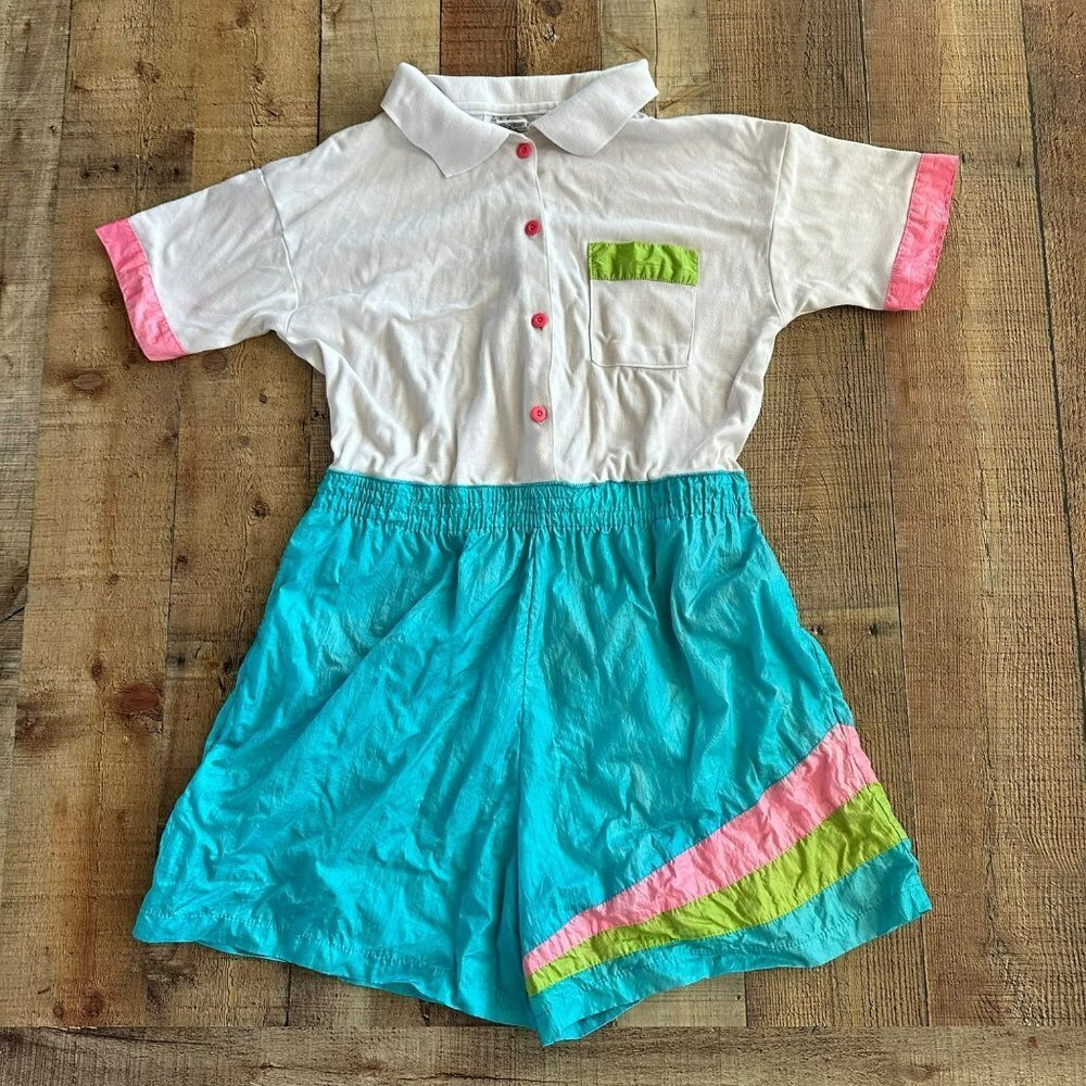 Vintage 90's Clipper Bay white and blue one piece button front romper women's la